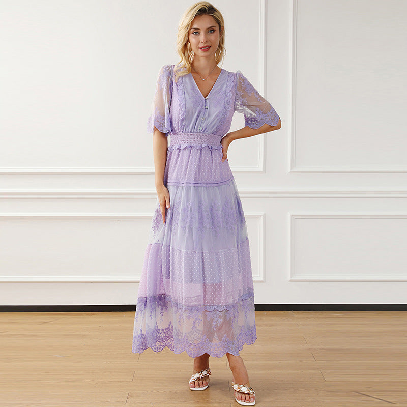 Lace V-neck Patchwork Dress Women