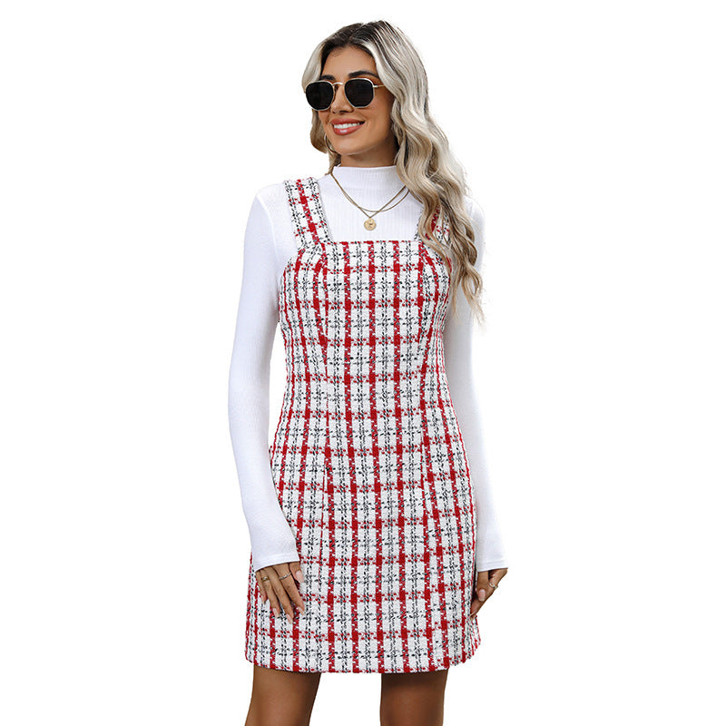 Plaid Woolen Dress Slimming Suspenders Short Skirt For Women