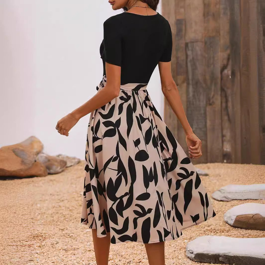 Women's Fashion Printed Stitching Short Sleeves Dress