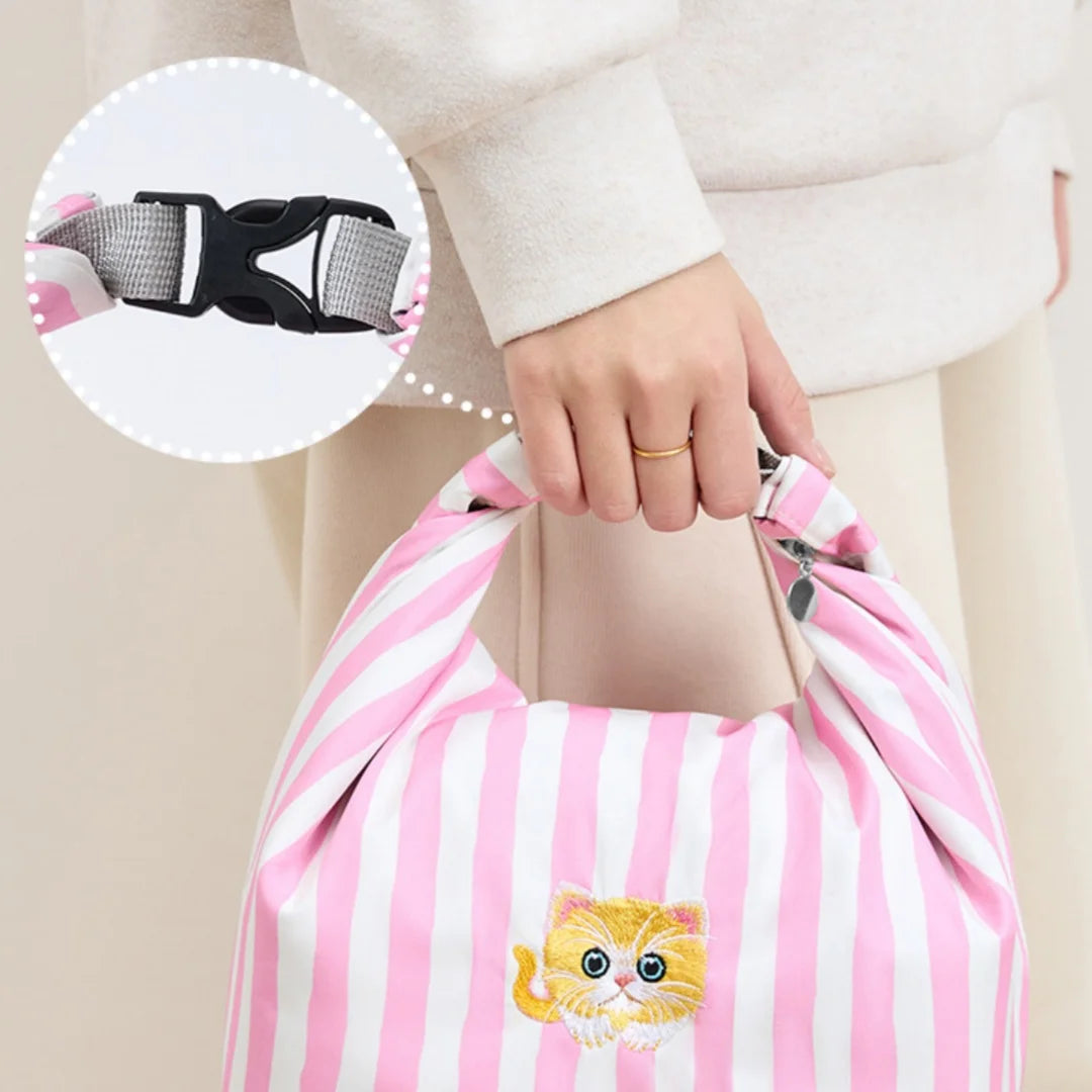 New Pink Striped Strawberry Cat Insulated Cute Lunch Handbag Large Capacity Folding Roll Bento Bag Picnic Food Fresh Cooler Bag