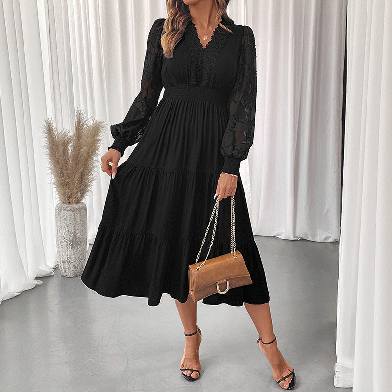 Sweet Elegant Style V-neck Tight Waist Lace Long Sleeve Solid Color Dress Women