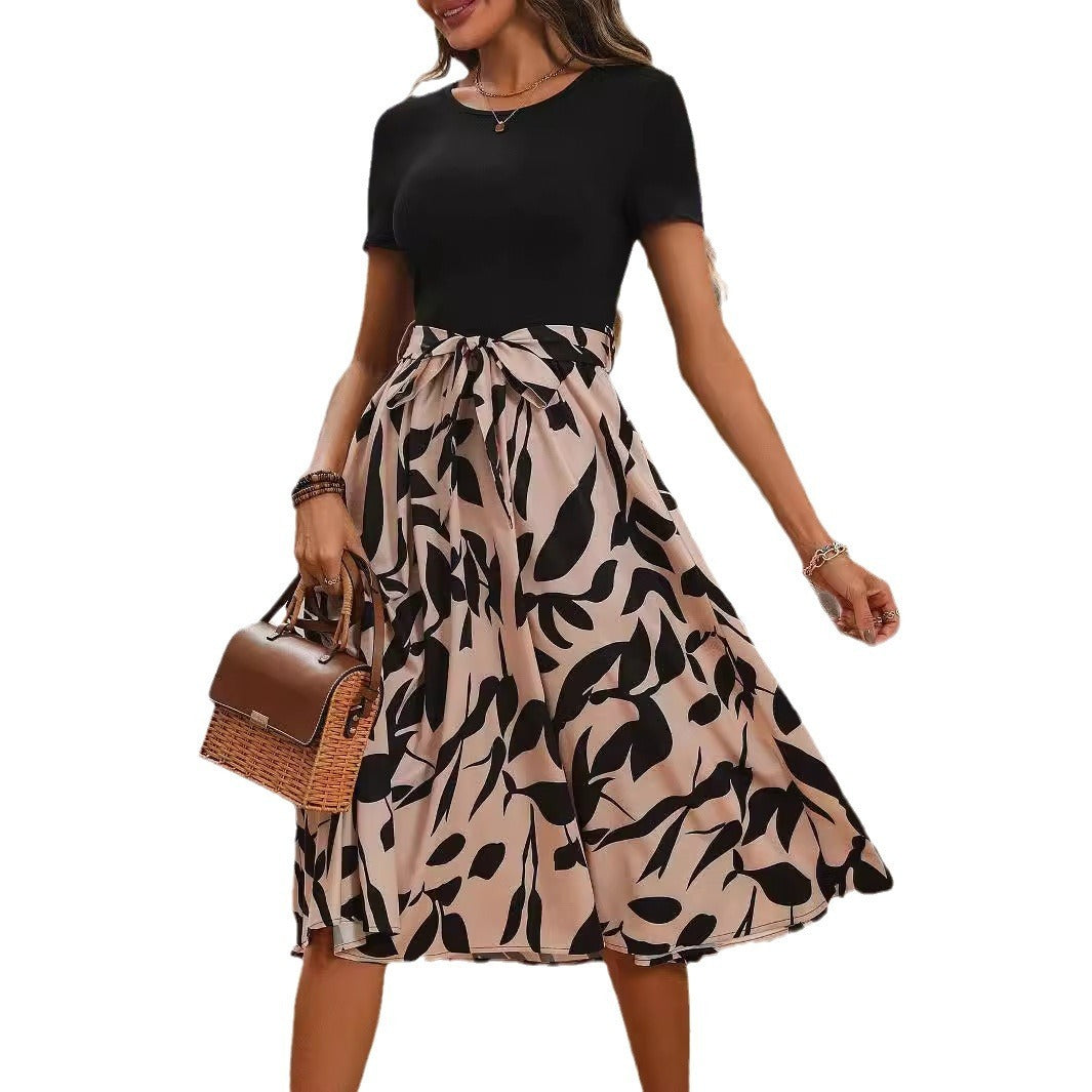 Women's Fashion Printed Stitching Short Sleeves Dress