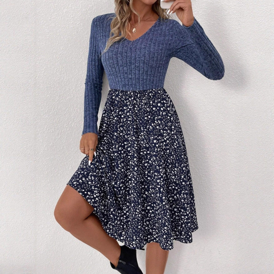 Small Floral Stitching Long Sleeve Dress