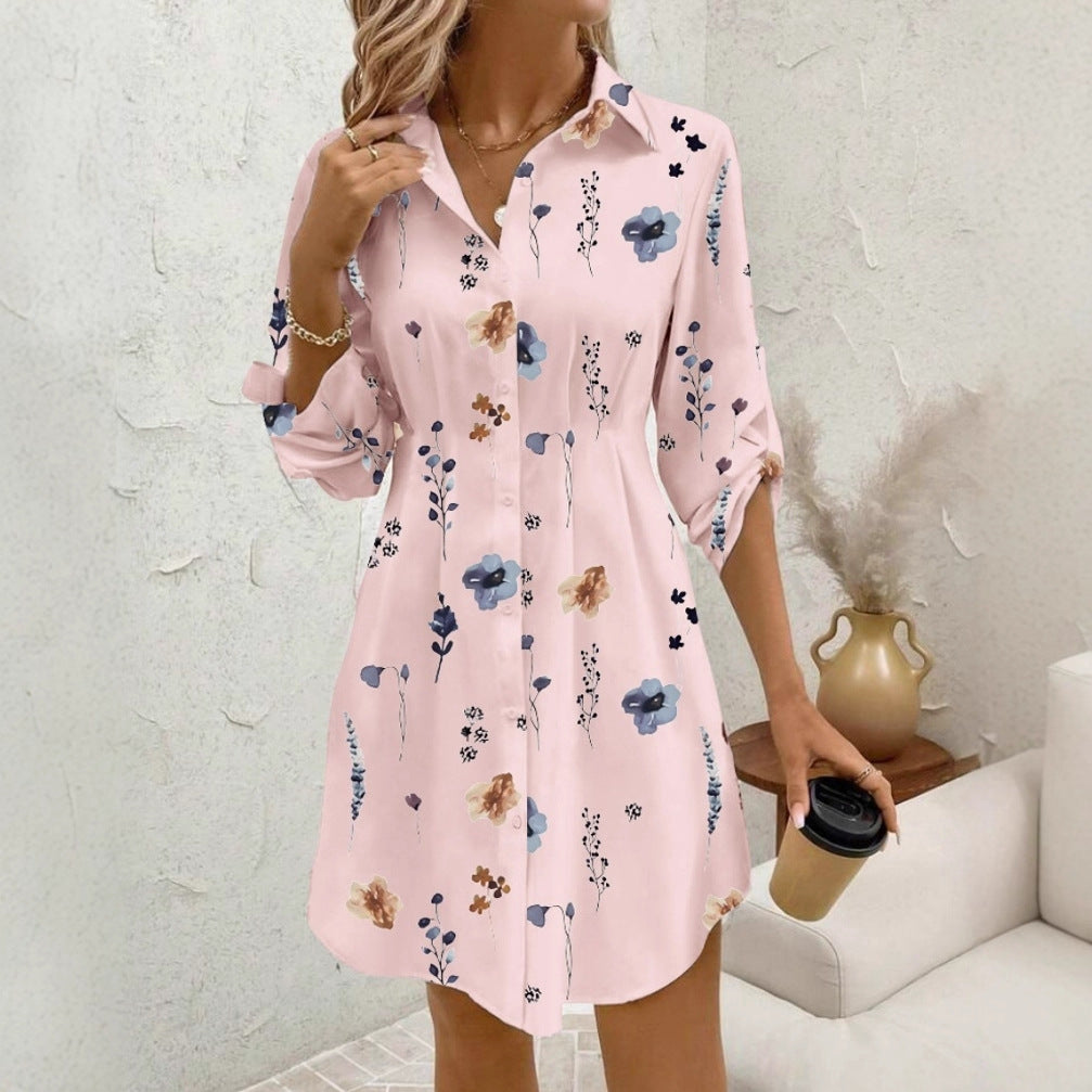 Elegant Floral Printing Lapel Long Sleeve Dress
