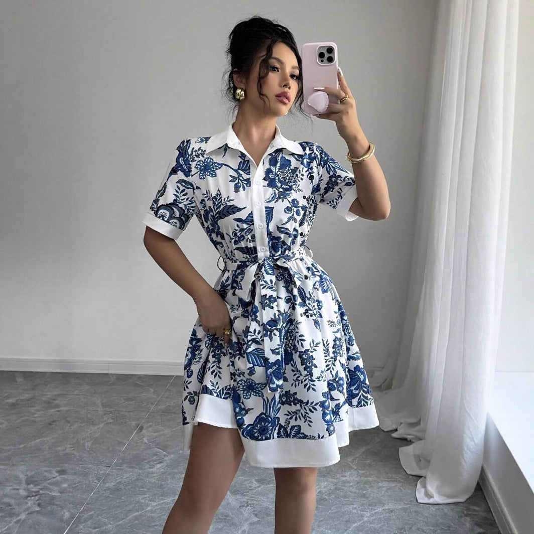 Simplicity Waist-controlled Printed Lace Up Short Sleeve Dress