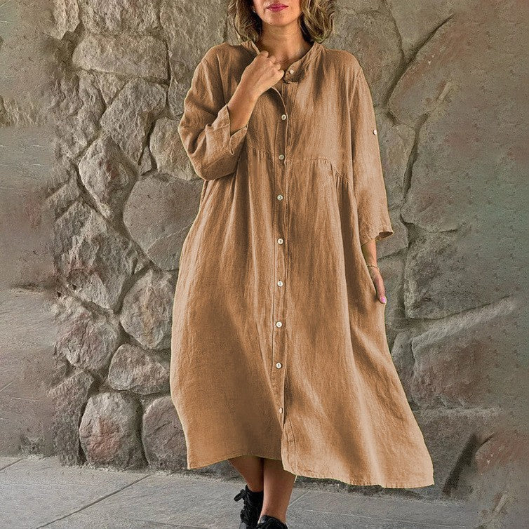 Women's Solid Color Loose Casual Long Sleeves Button Shirt Dress
