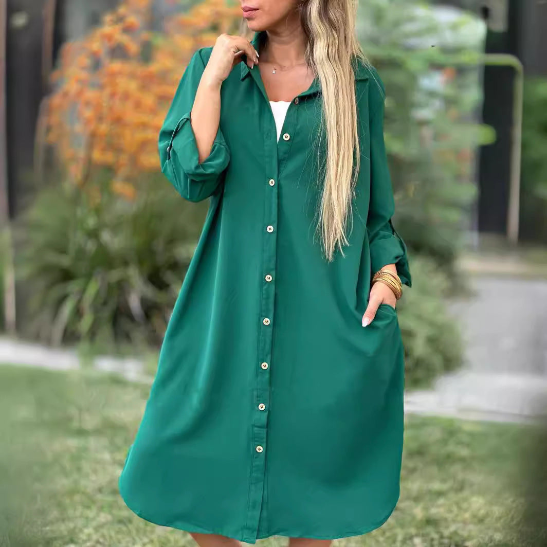 Women's Solid Color Loose Casual Long Sleeves Button Shirt Dress