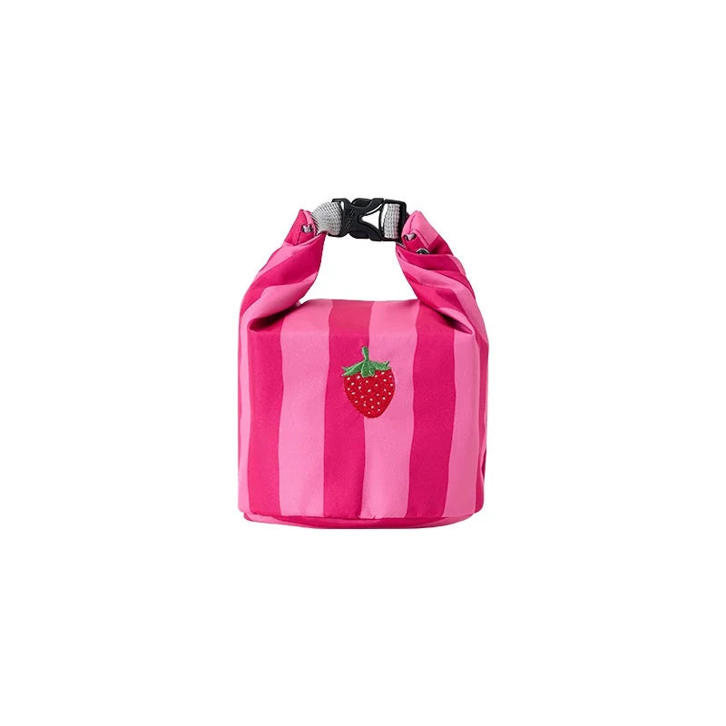 New Pink Striped Strawberry Cat Insulated Cute Lunch Handbag Large Capacity Folding Roll Bento Bag Picnic Food Fresh Cooler Bag
