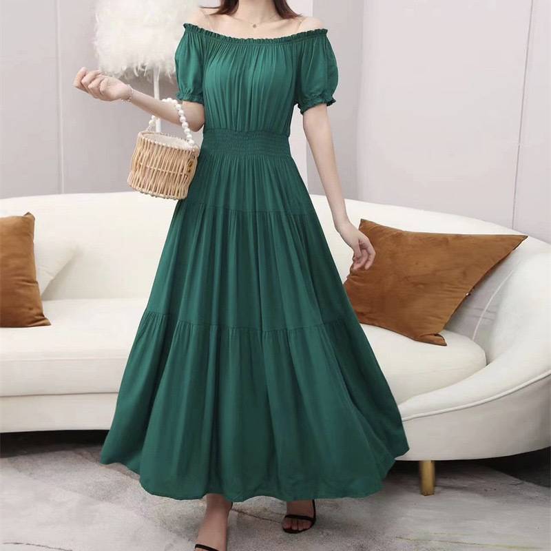 Solid Color Wide Hem Cotton Silk Vacation Style Long Bohemian Dress