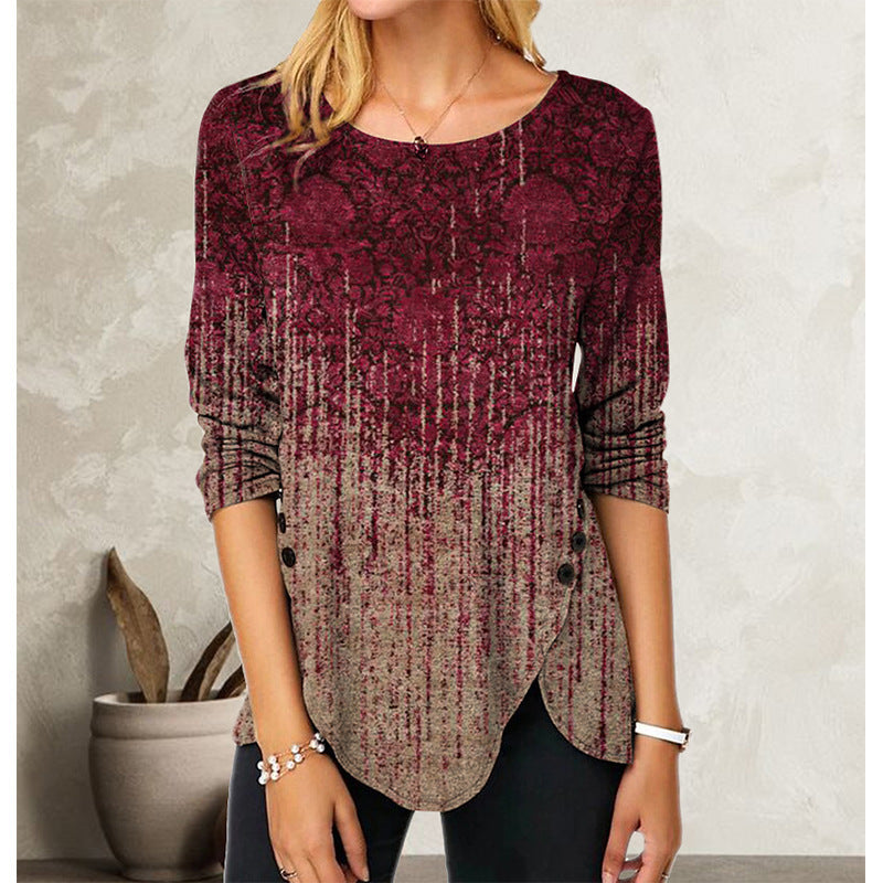 3D Digital Retro Printed Button Irregular Hem Round Neck Long Sleeve