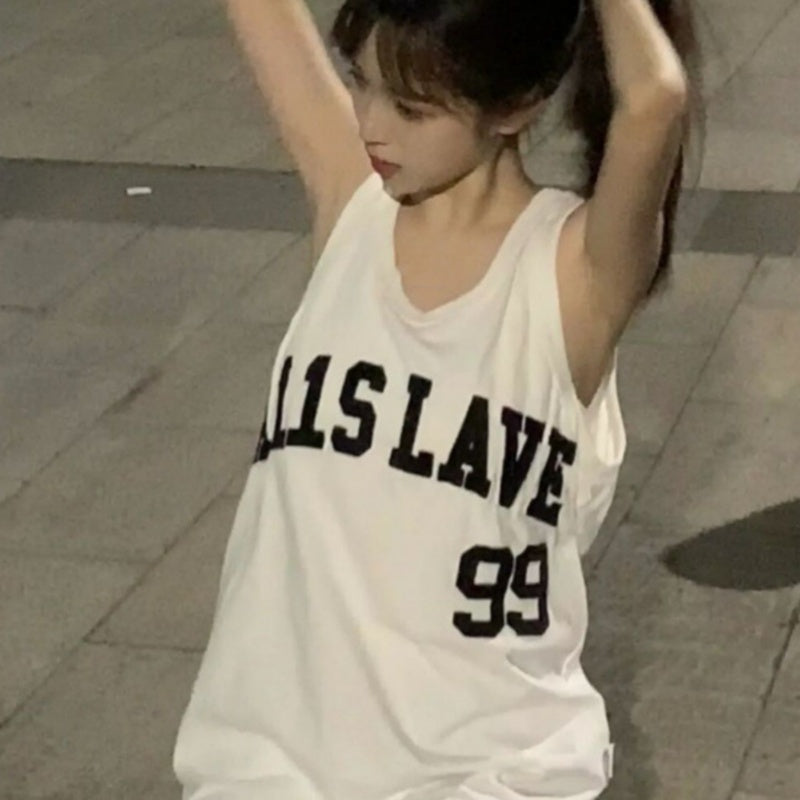 Long Vintage Letter Print Loose Sleeveless Sports Vest