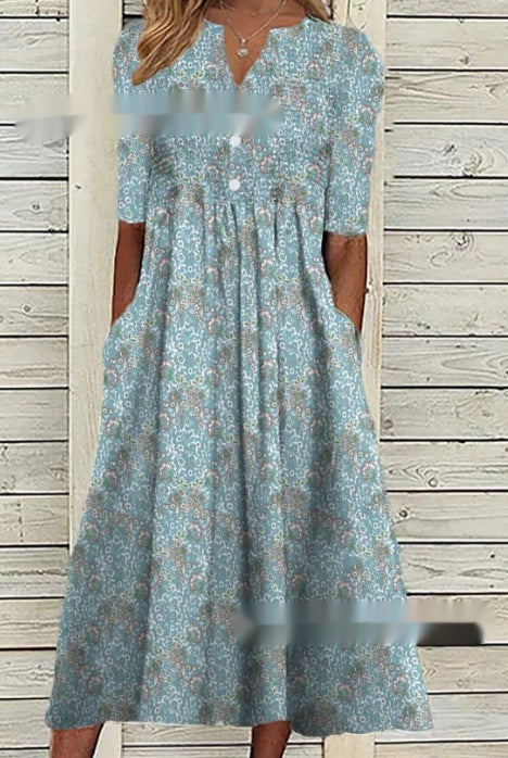 Women's Printed Floral V-neck Olive Mid-sleeve Pocket Dress