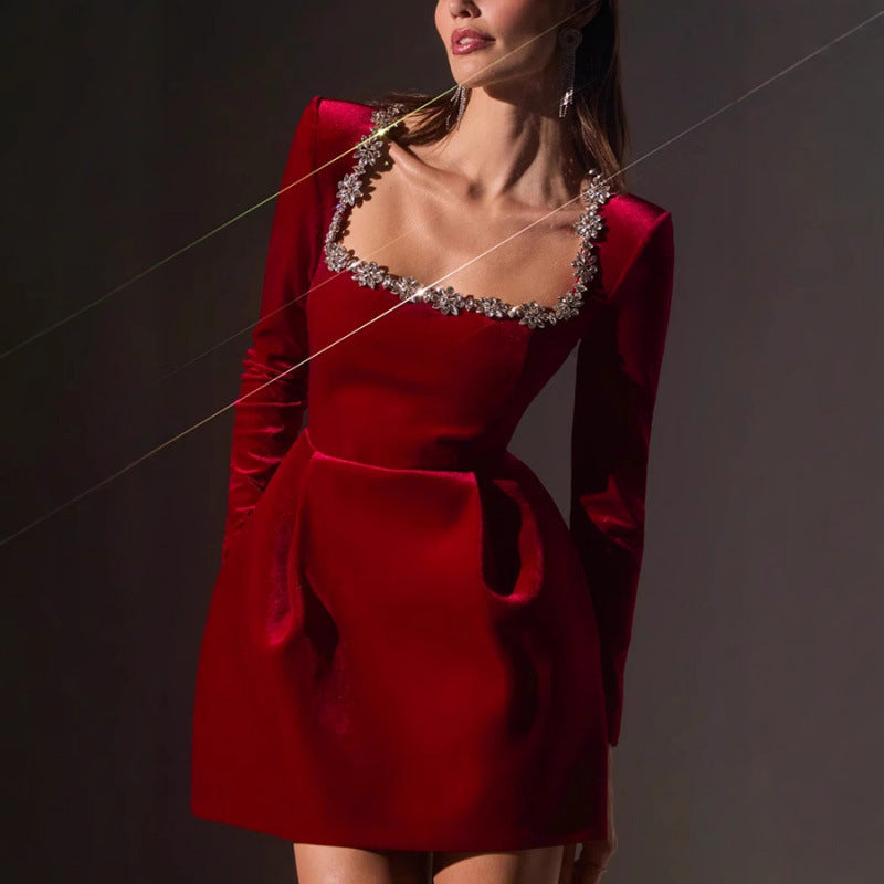 Women's Square Collar Diamond Inlaid Short Velvet Dress