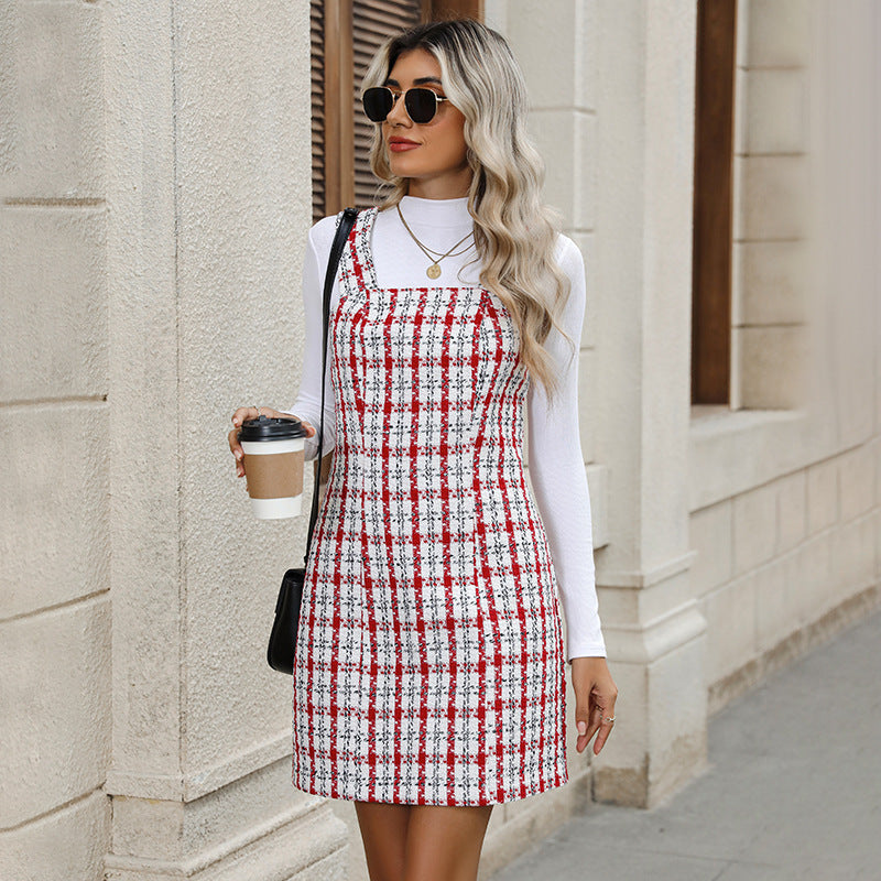 Plaid Woolen Dress Slimming Suspenders Short Skirt For Women