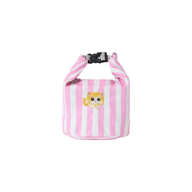 New Pink Striped Strawberry Cat Insulated Cute Lunch Handbag Large Capacity Folding Roll Bento Bag Picnic Food Fresh Cooler Bag