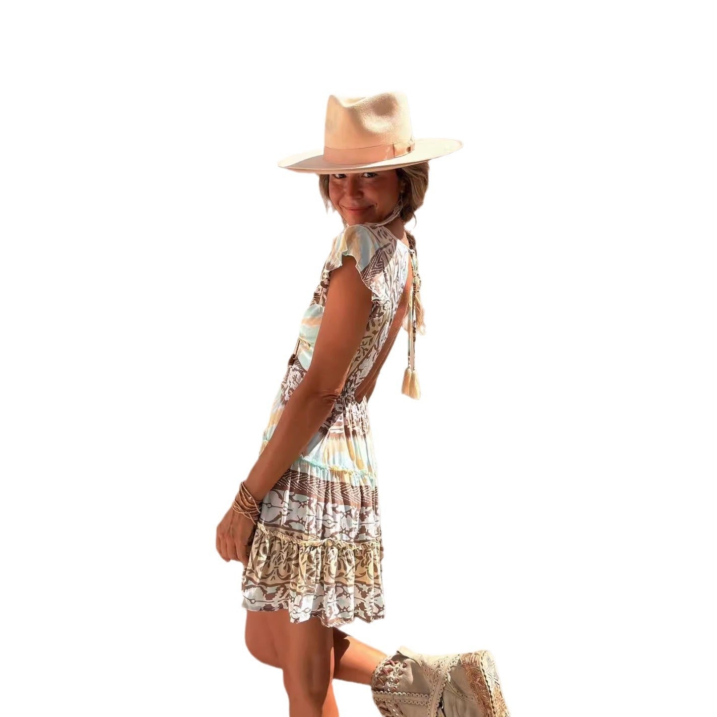Fashion Printed Ruffled Pendant Dress Women