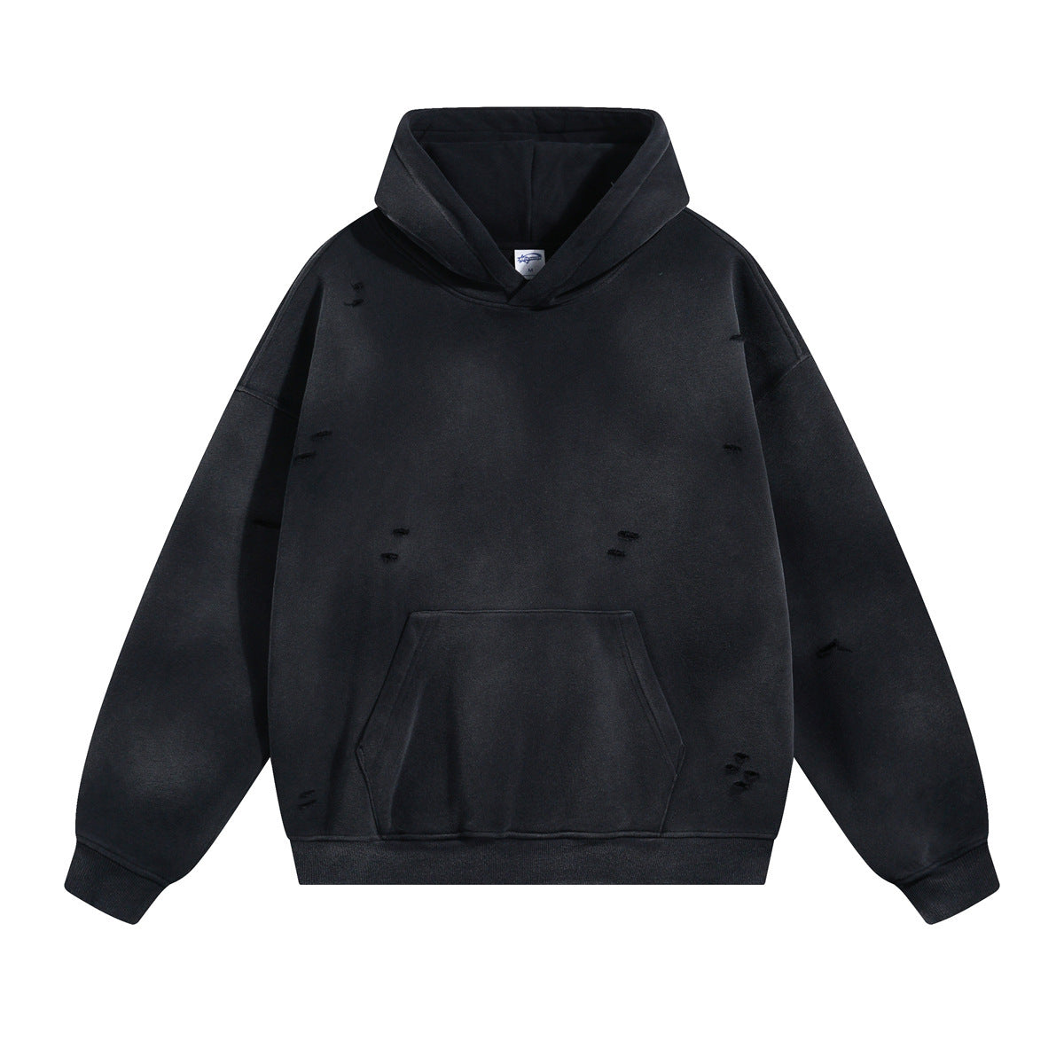 Washed And Worn Ripped Hooded Fleece Lined Sweater
