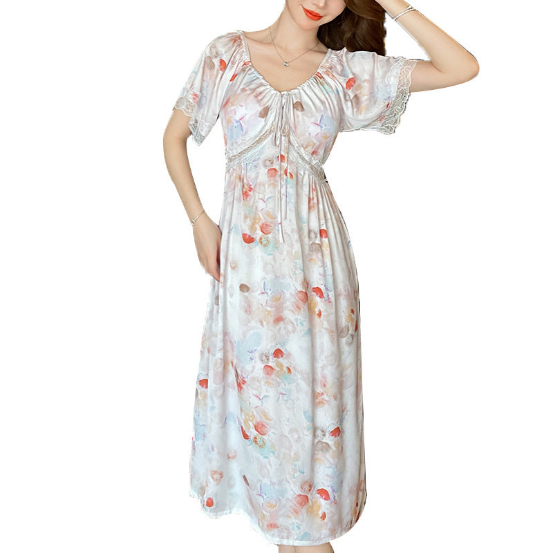 Floating Dream Nightdress Women's Lace Ice Silk Floral Pajamas Home Wear Women