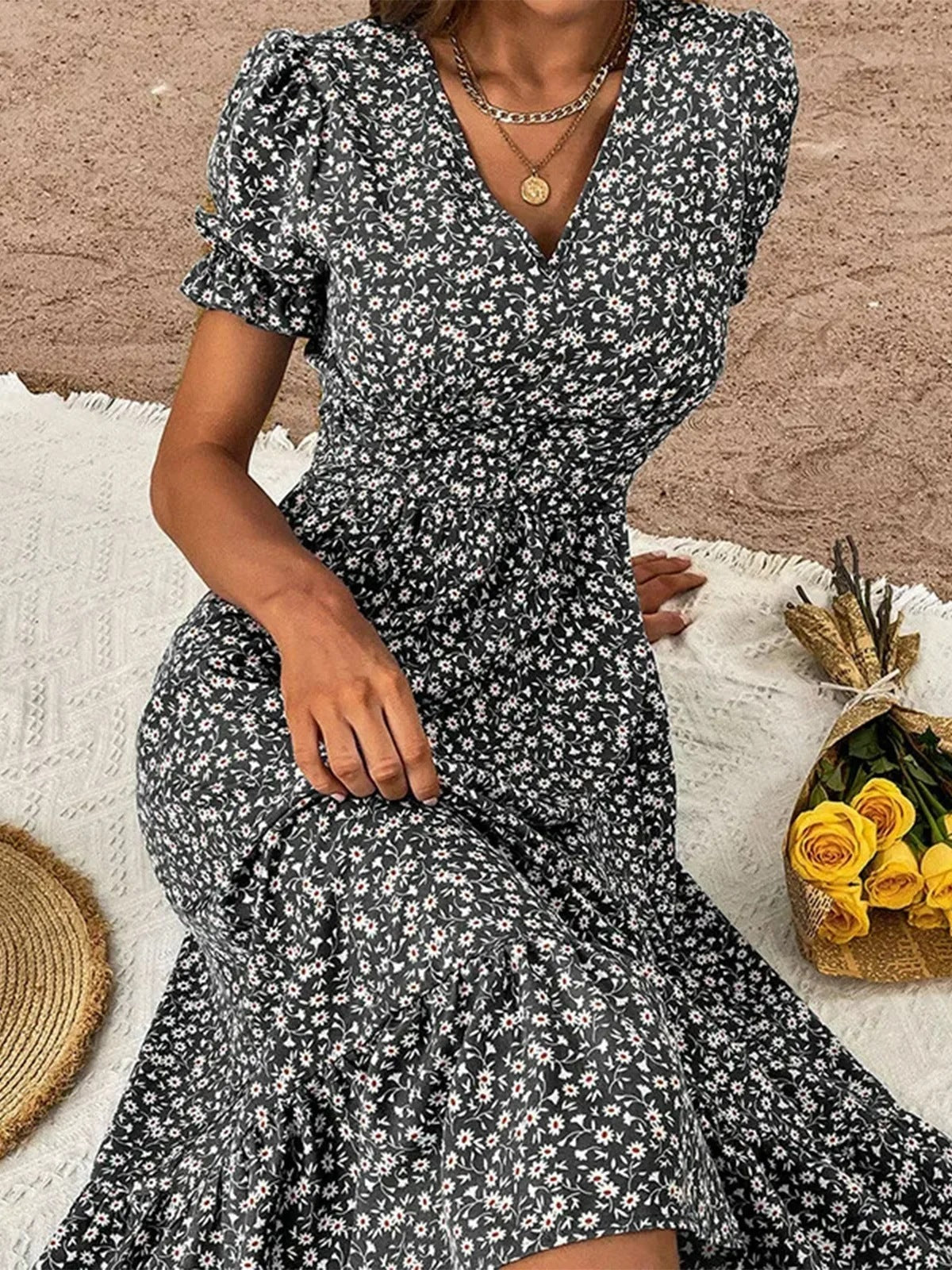 V-neck Floral Tight Waist Women's Full-length Dress