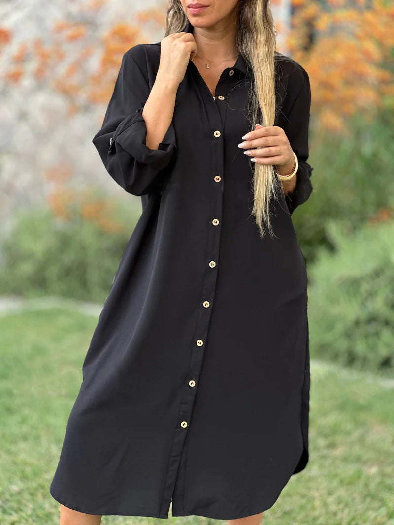 Women's Solid Color Loose Casual Long Sleeves Button Shirt Dress