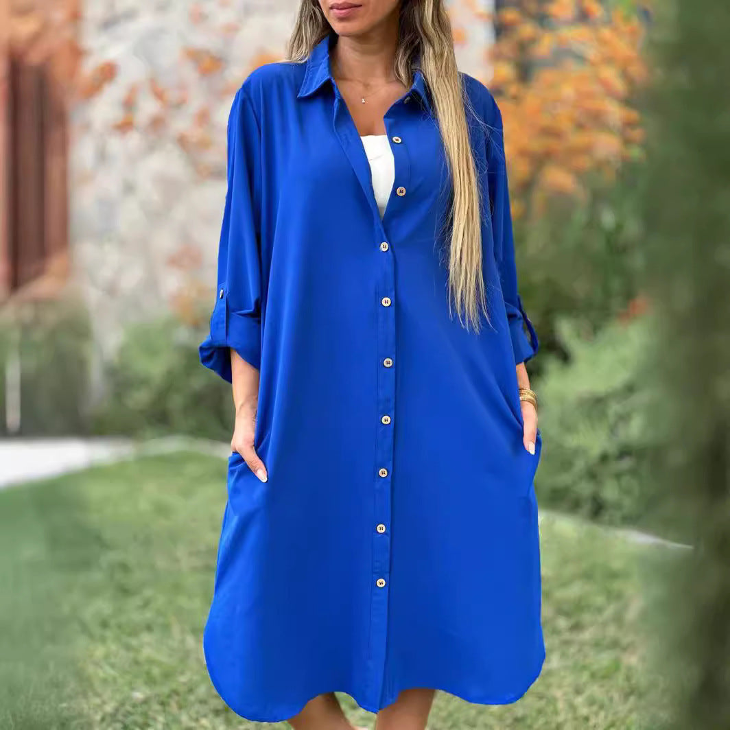 Women's Solid Color Loose Casual Long Sleeves Button Shirt Dress