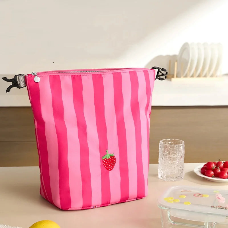 New Pink Striped Strawberry Cat Insulated Cute Lunch Handbag Large Capacity Folding Roll Bento Bag Picnic Food Fresh Cooler Bag