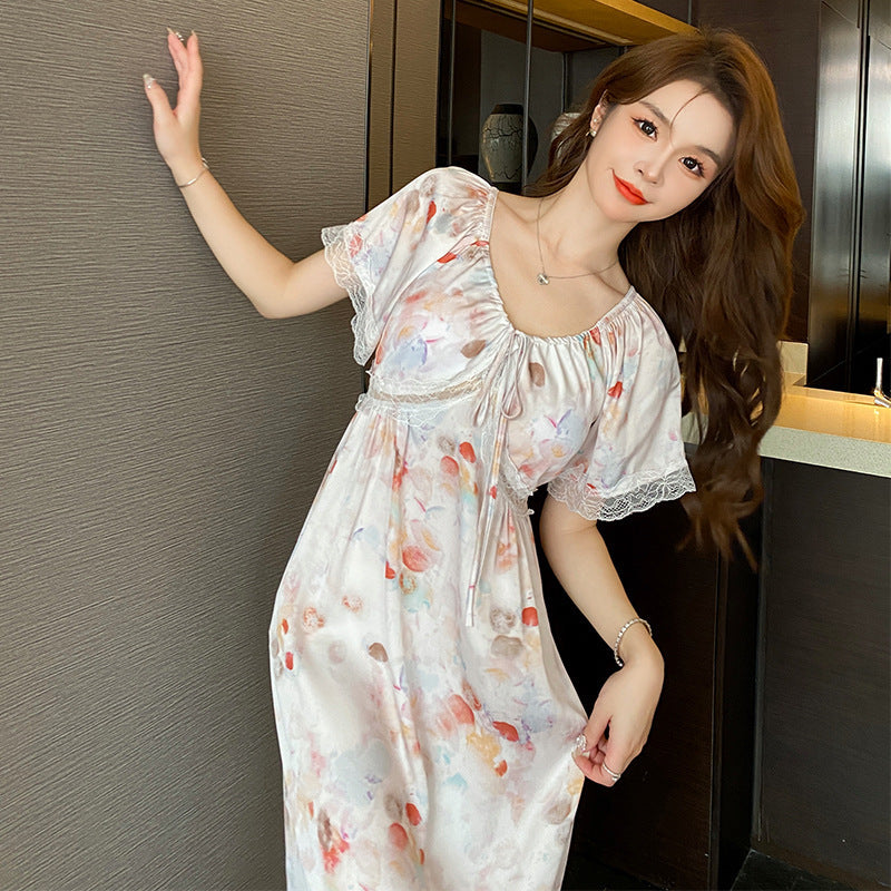 Floating Dream Nightdress Women's Lace Ice Silk Floral Pajamas Home Wear Women