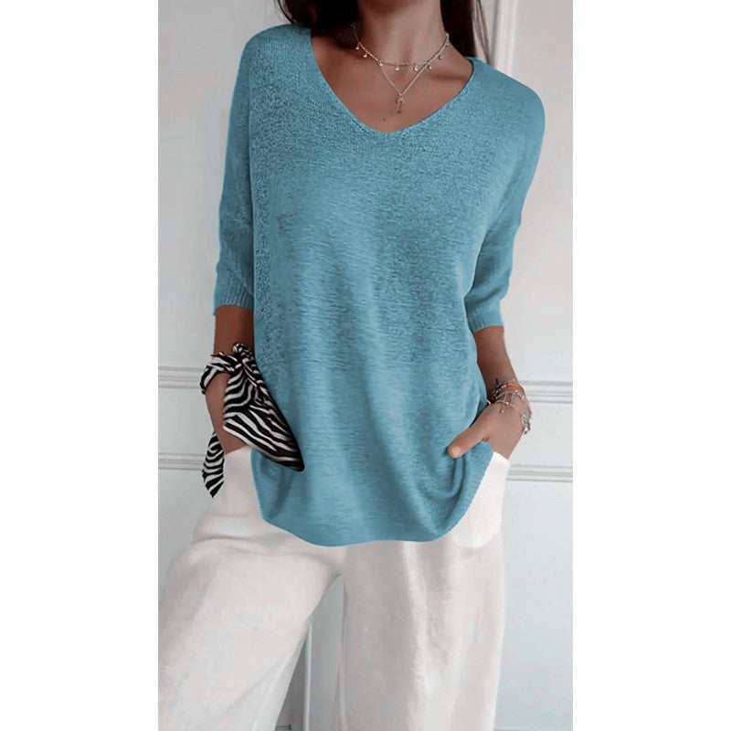 Knitwear Casual Sweater Slimming V-neckline 34 Sleeve Women's Bottoming Shirt
