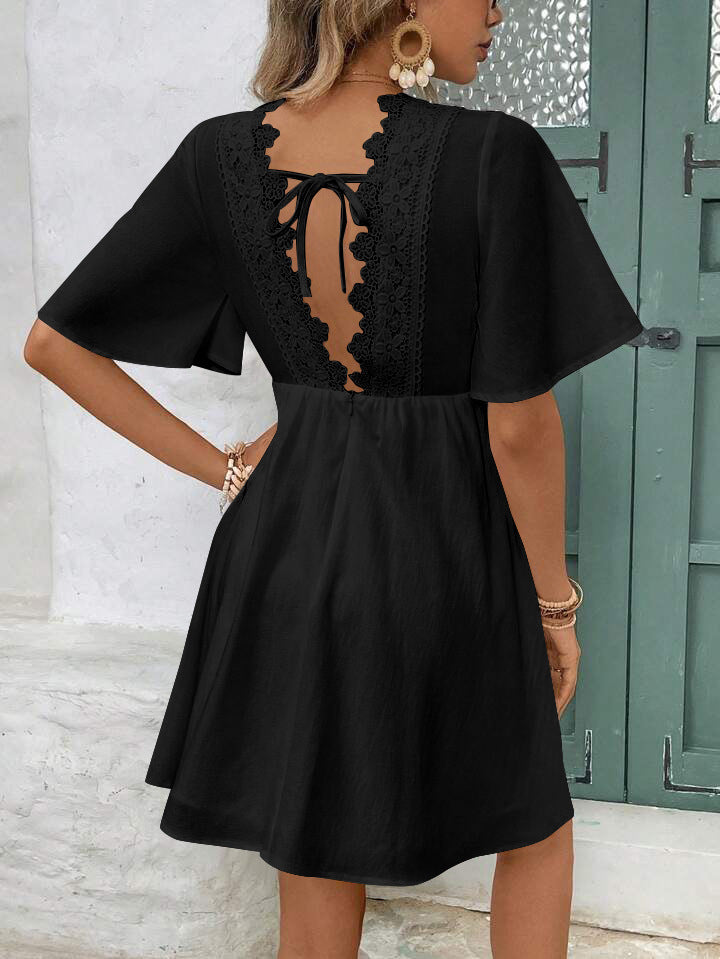 Women's Fashion Lace Splicing Pullover V-neck Short Sleeve Dress