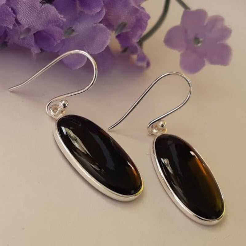 European And American Style 925 Silver Oval Black Agate Pendant Women's Earrings