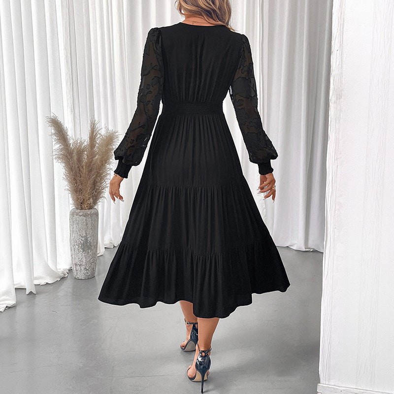 Sweet Elegant Style V-neck Tight Waist Lace Long Sleeve Solid Color Dress Women
