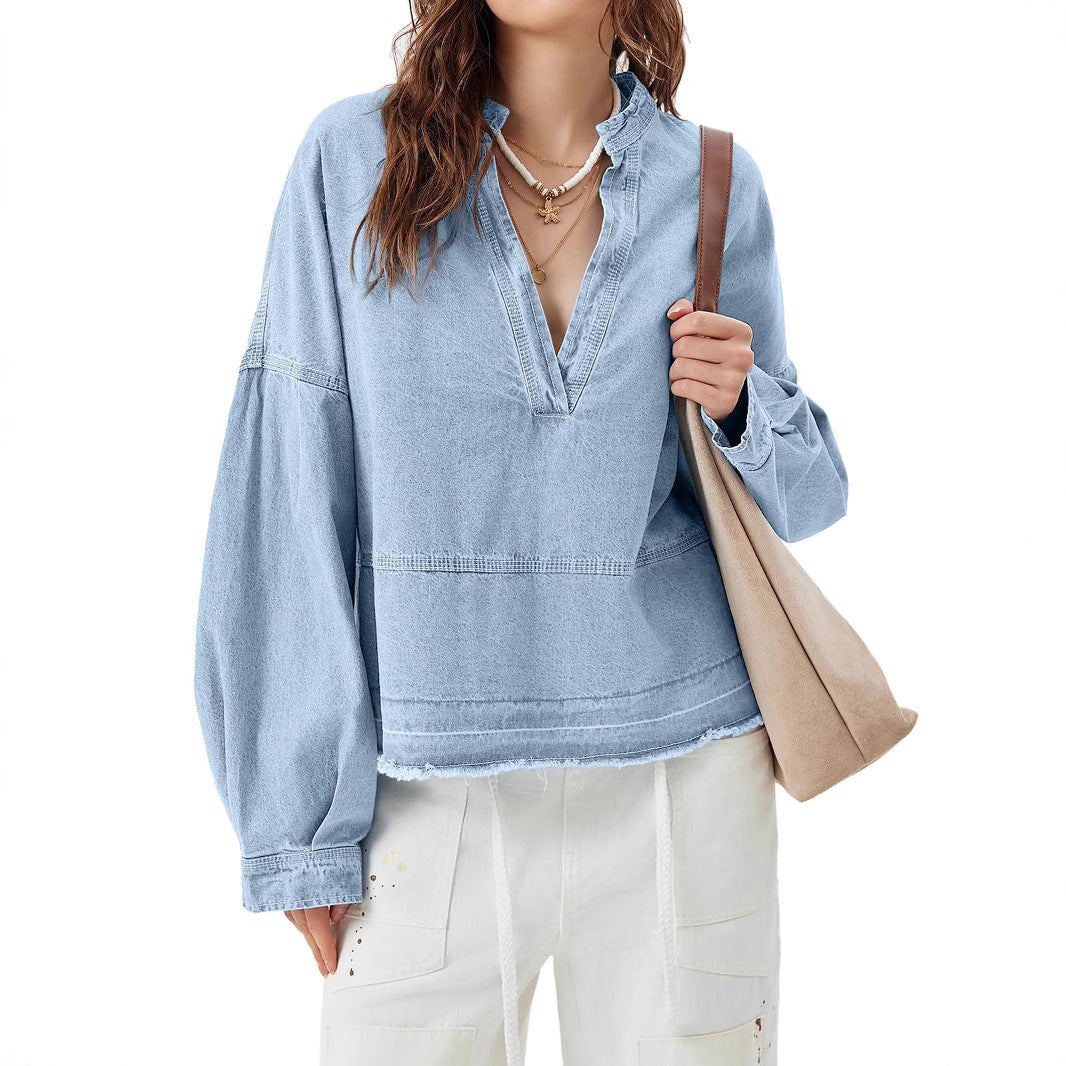 New V-neck Long Sleeve Loose Stitching Denim Long Sleeve Loose All-matching Top