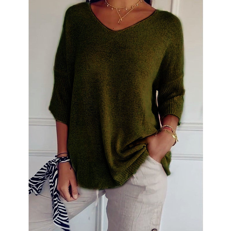 Knitwear Casual Sweater Slimming V-neckline 34 Sleeve Women's Bottoming Shirt