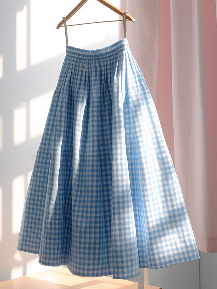 Women's Versatile French High Waisted A-line Plaid Linen Skirt