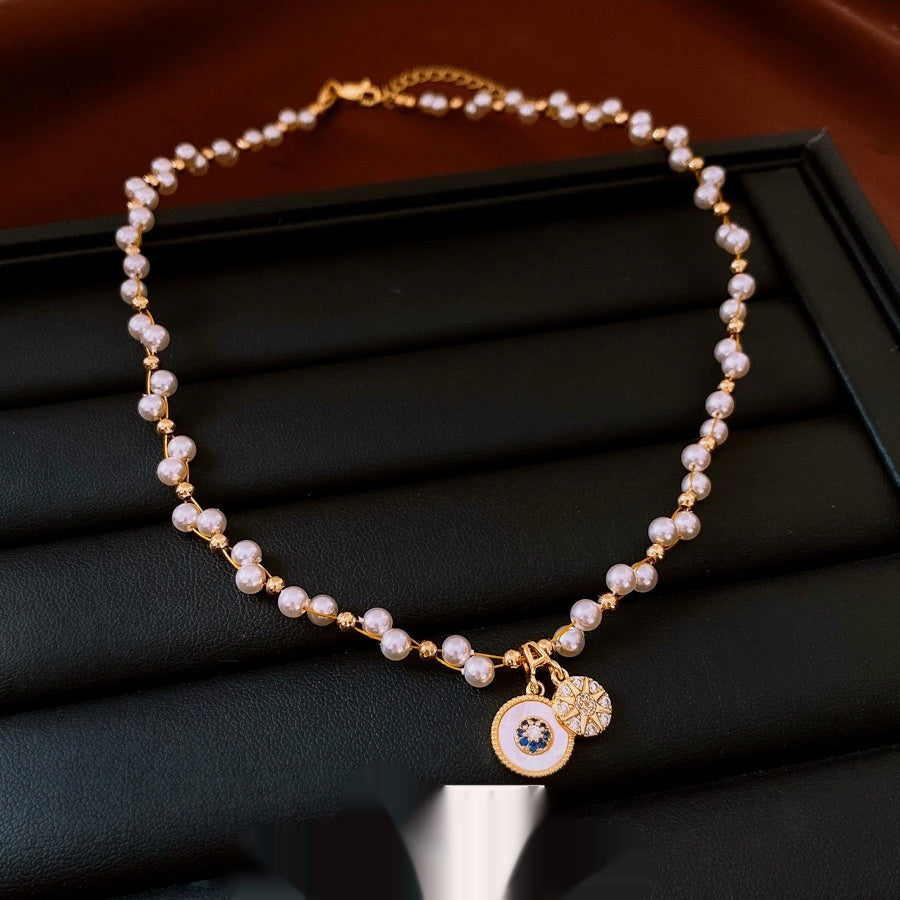 Real Gold Electroplated Zircon Pearl Round Pendant Necklace Light Luxury Clavicle Chain
