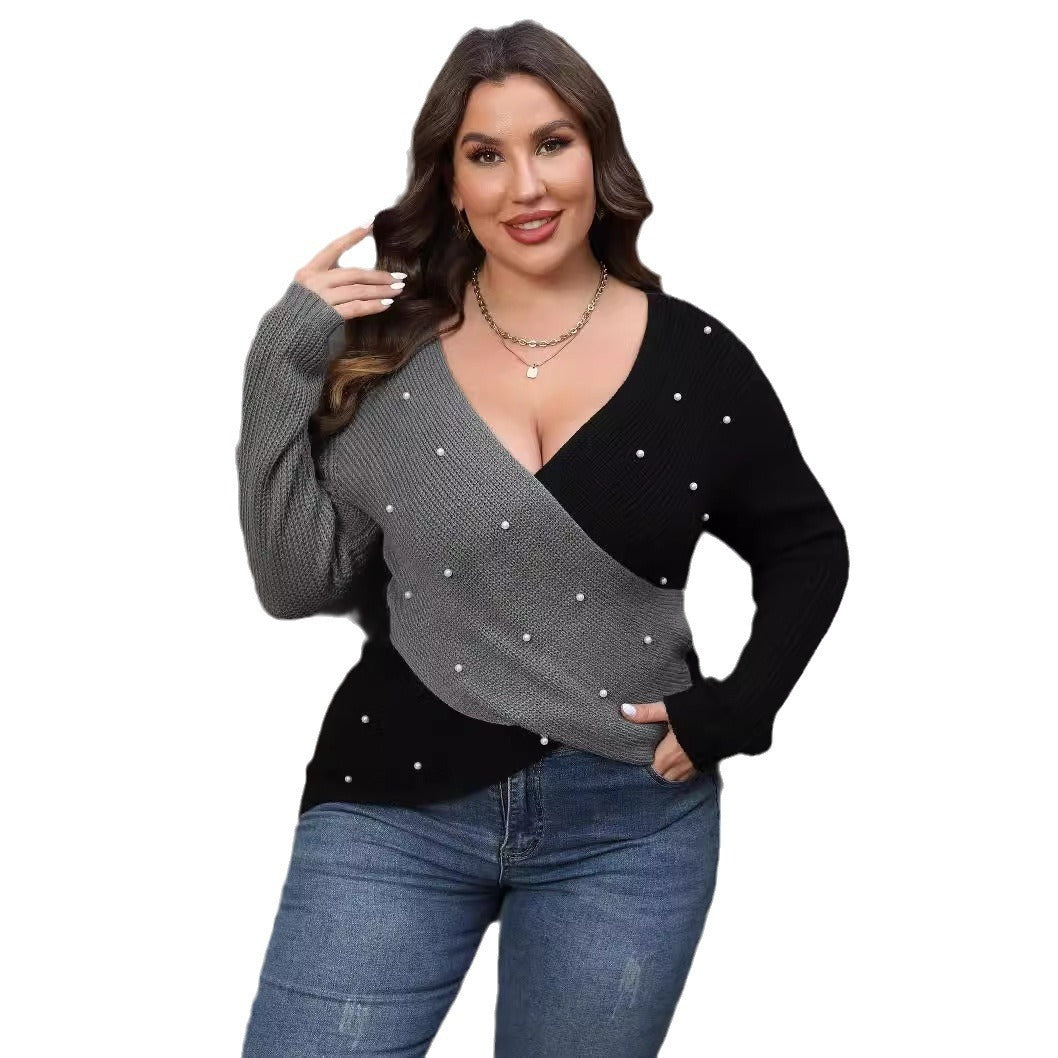 Plus Size Women's Color Contrast Patchwork Deep V Cross Sexy Beaded Sweater