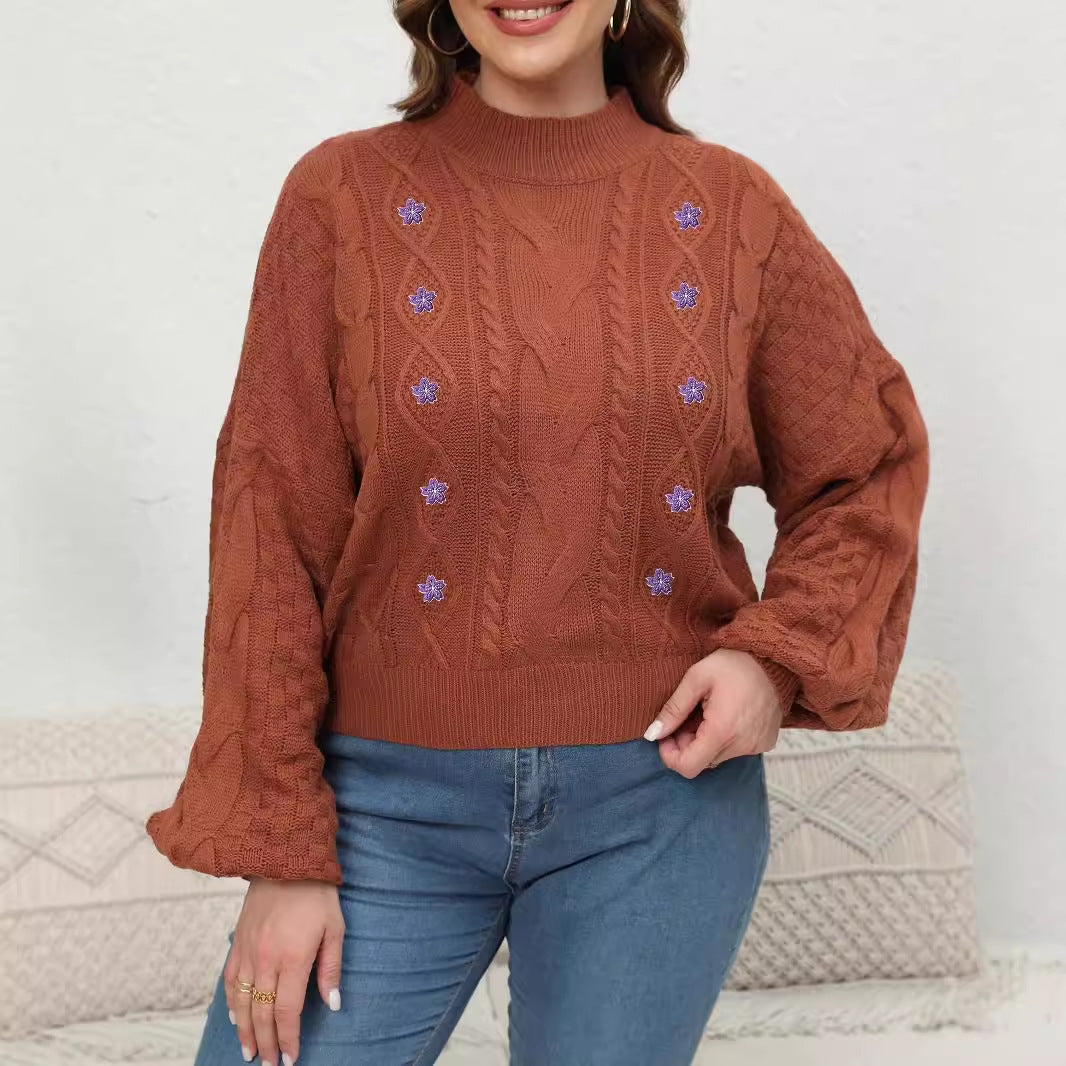 Women's Woven Sweater Plus Size Half-turtleneck Lantern Sleeve Flower Sweater