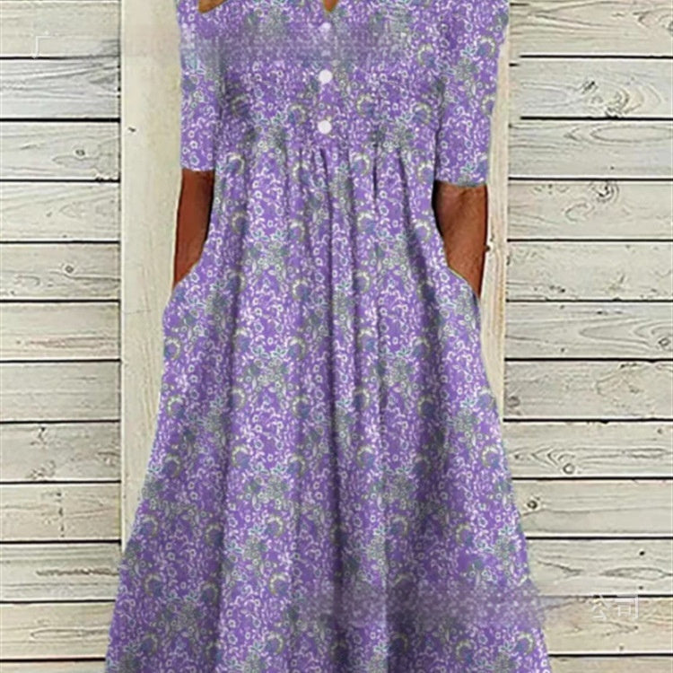 Women's Printed Floral V-neck Olive Mid-sleeve Pocket Dress