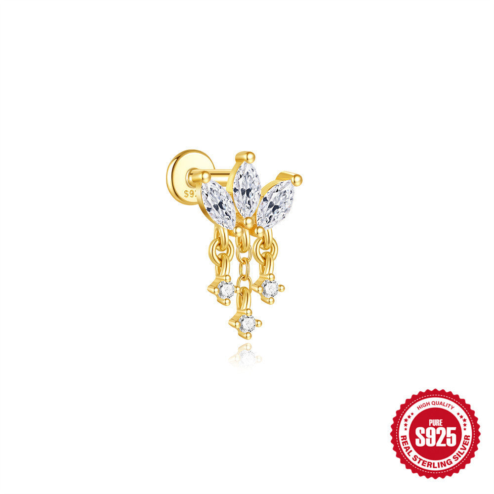 Sterling Silver Opal Diamond-embedded Flat Head Thread Piercing Ear Bone Stud