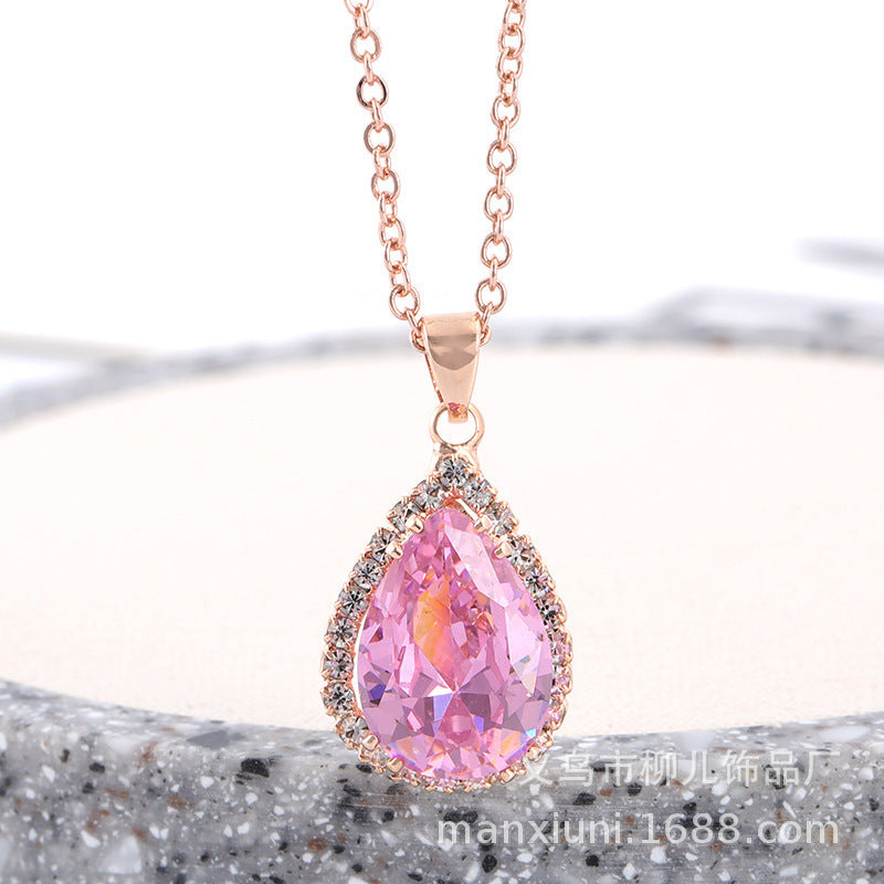 Water Drop Rose Gold Rhinestone Elegant Pink Color Necklace