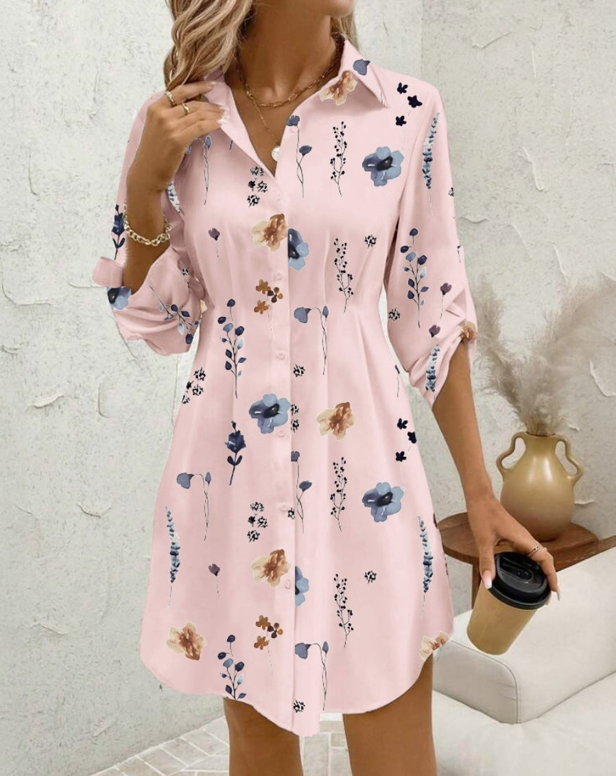 Elegant Floral Printing Lapel Long Sleeve Dress