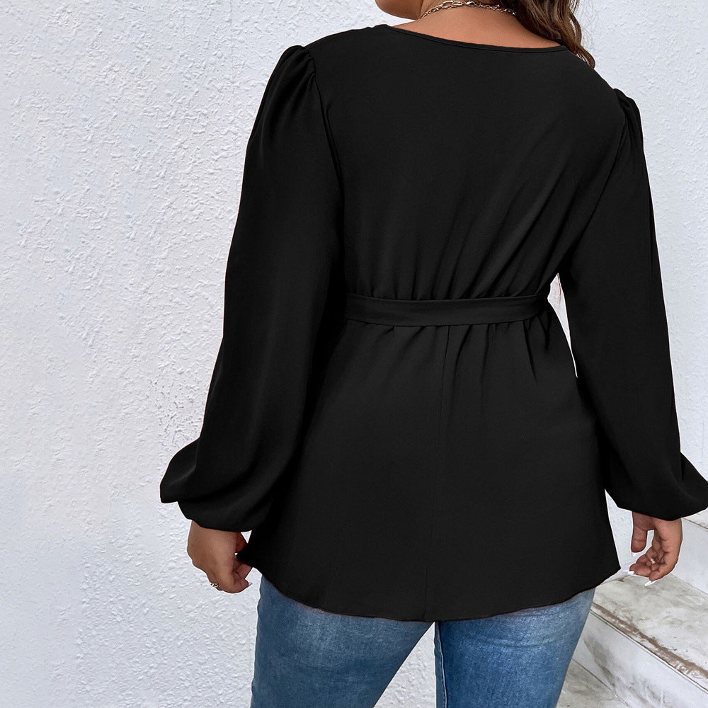 Women's V-neck Lantern Sleeve Slim Top