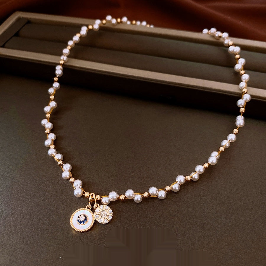 Real Gold Electroplated Zircon Pearl Round Pendant Necklace Light Luxury Clavicle Chain