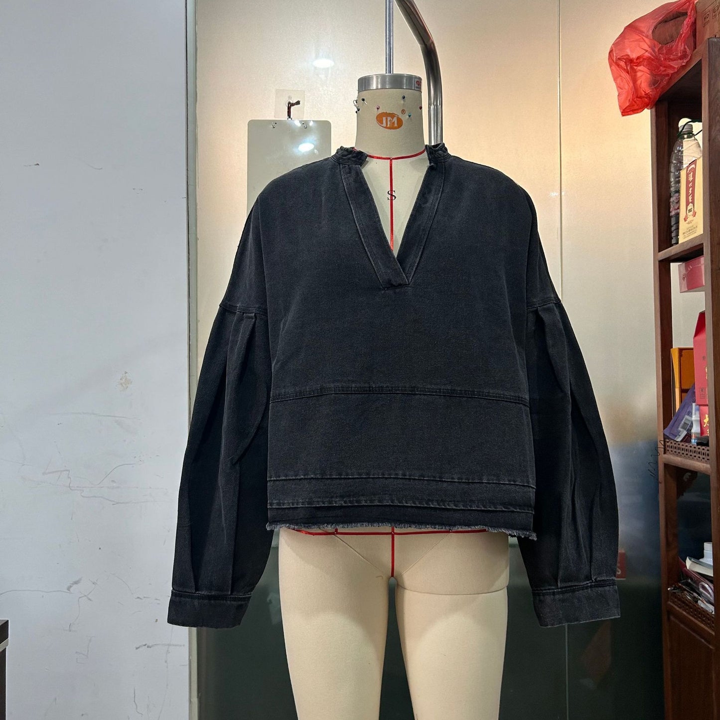 New V-neck Long Sleeve Loose Stitching Denim Long Sleeve Loose All-matching Top