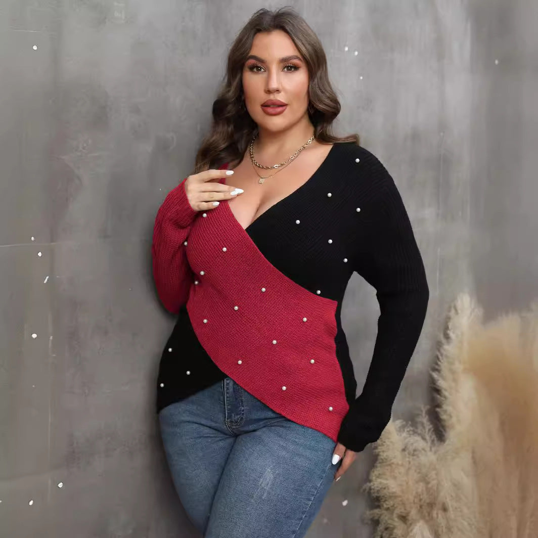 Plus Size Women's Color Contrast Patchwork Deep V Cross Sexy Beaded Sweater