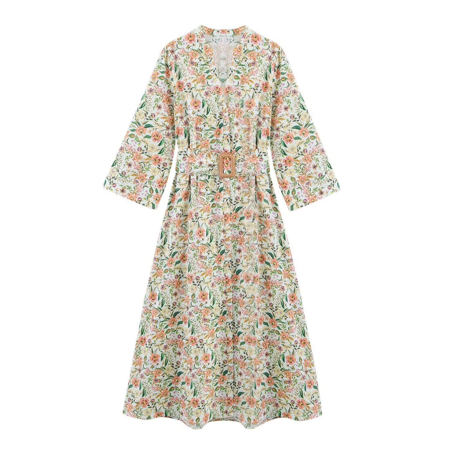 Fashionable and casual V-neck printed MIDI dress for women