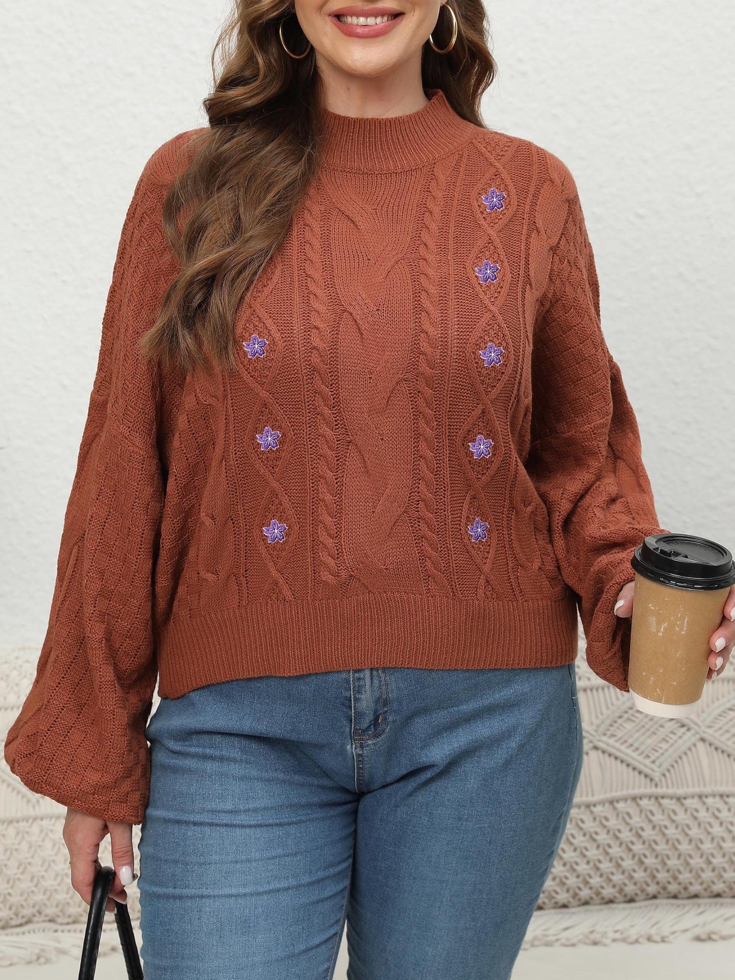 Women's Woven Sweater Plus Size Half-turtleneck Lantern Sleeve Flower Sweater