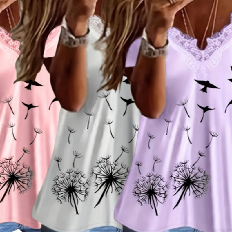 Color Blocked Lace Dandelion Printed T-shirt 3PC Set