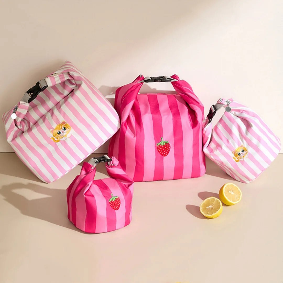 New Pink Striped Strawberry Cat Insulated Cute Lunch Handbag Large Capacity Folding Roll Bento Bag Picnic Food Fresh Cooler Bag