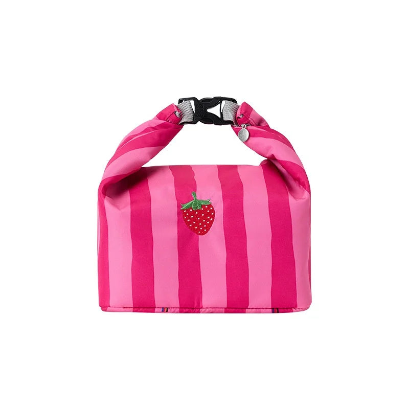 New Pink Striped Strawberry Cat Insulated Cute Lunch Handbag Large Capacity Folding Roll Bento Bag Picnic Food Fresh Cooler Bag